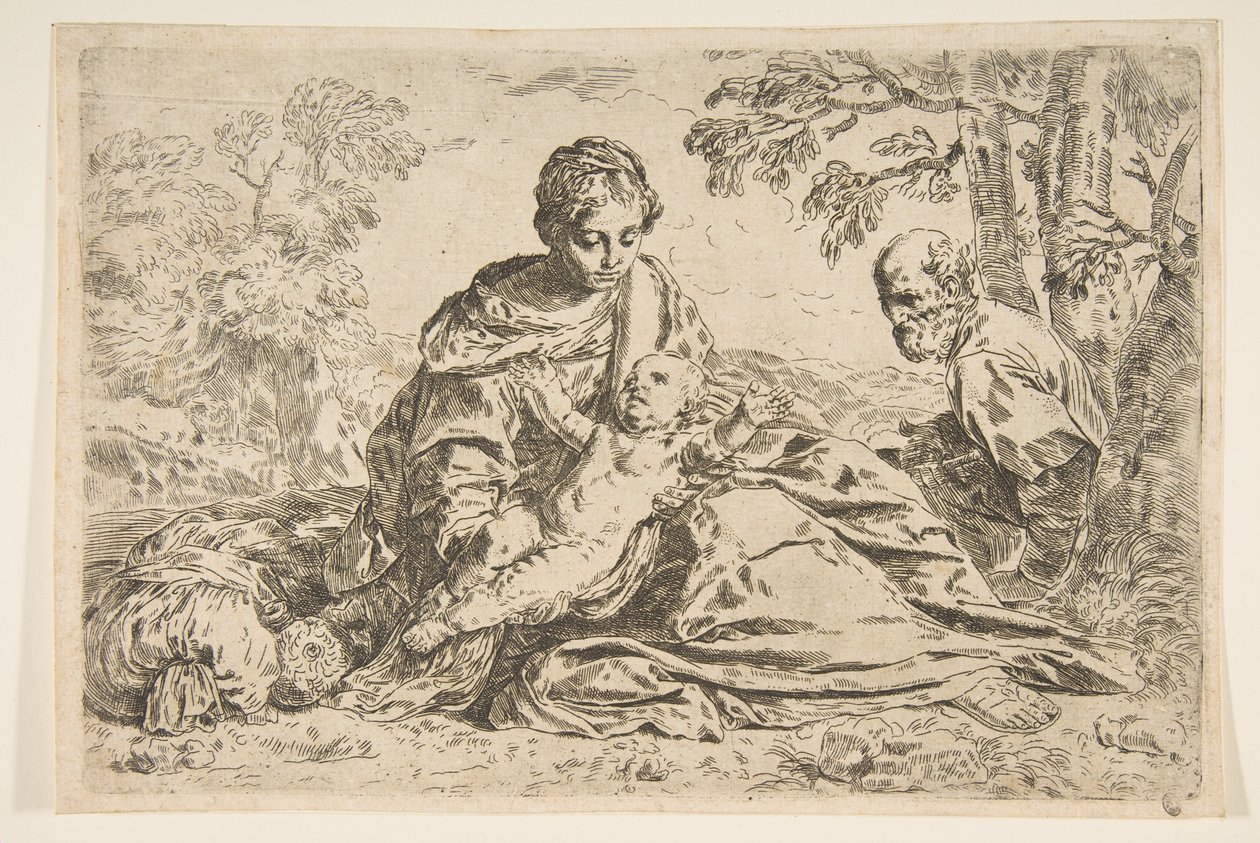 Ruhe auf der Flucht nach Ägypten, Maria hält das Jesuskind mit dem heiligen Josef von Unbekannt