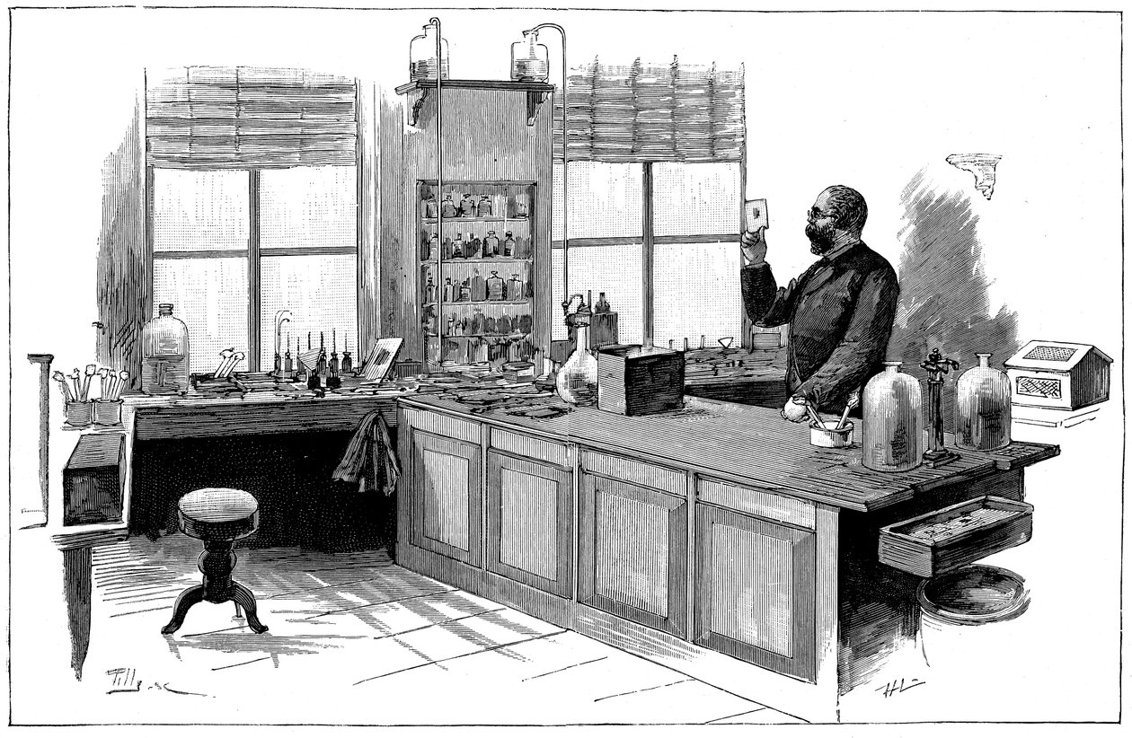 Robert Koch 1843-1910, deutscher Bakteriologe und Arzt in seinem Labor von Unbekannt