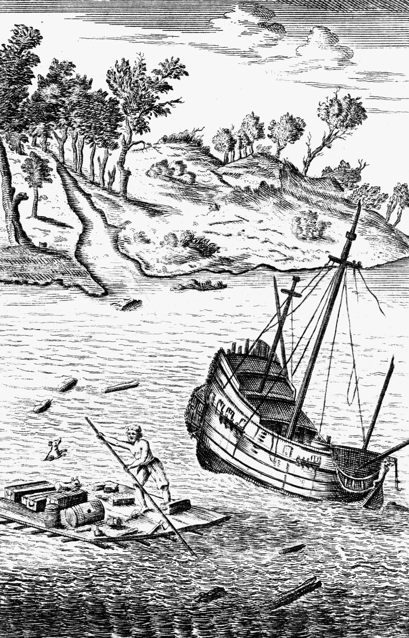Robinson Crusoe rettet seine Güter aus dem Schiffswrack, um 1719 von Unbekannt
