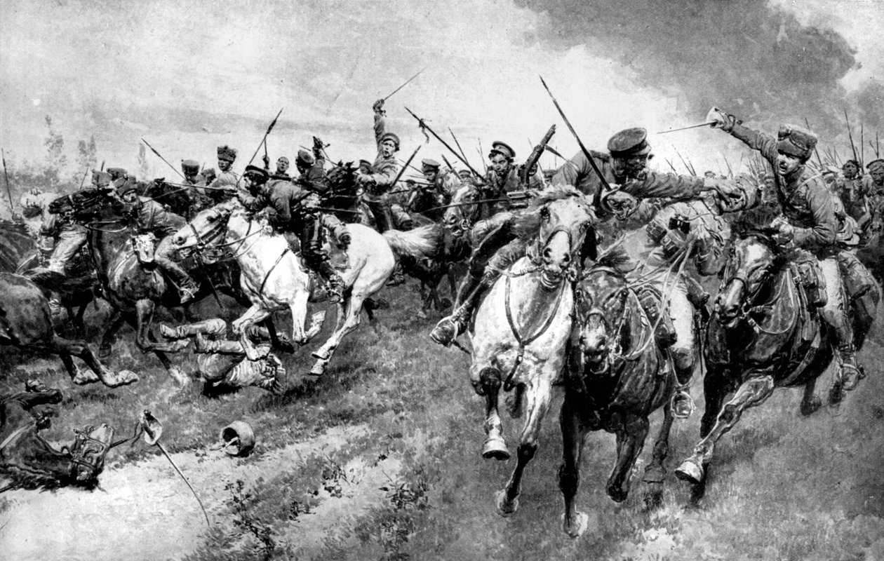 Russische Kosaken greifen die deutsche Armee an, Ostpreußen, Erster Weltkrieg, 1914 von Unbekannt