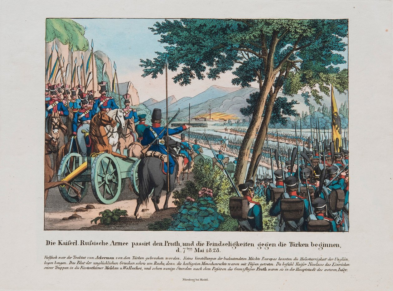 Russische Armee überquert den Pruth-Fluss nach Moldawien im Mai 1828, um 1830 von Unbekannt