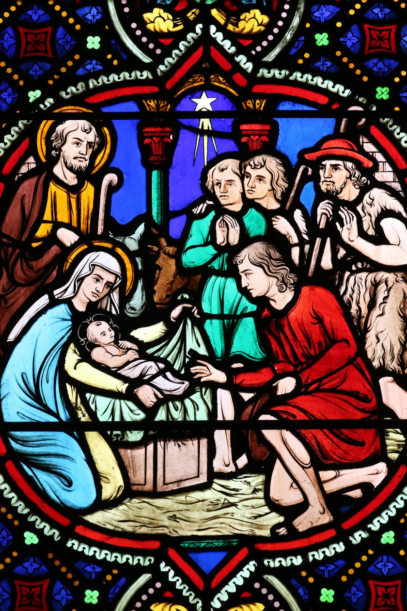 Herz-Jesu-Kirche. Glasfenster. Die Geburt Christi. Anbetung der Hirten, 20160604, Moulins, Frankreich von Unbekannt