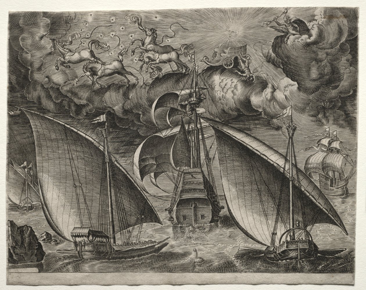 Segelschiffe: Zwei Galeeren segeln hinter einem bewaffneten Dreimaster mit Phaeton..., 1561-65 von Unbekannt