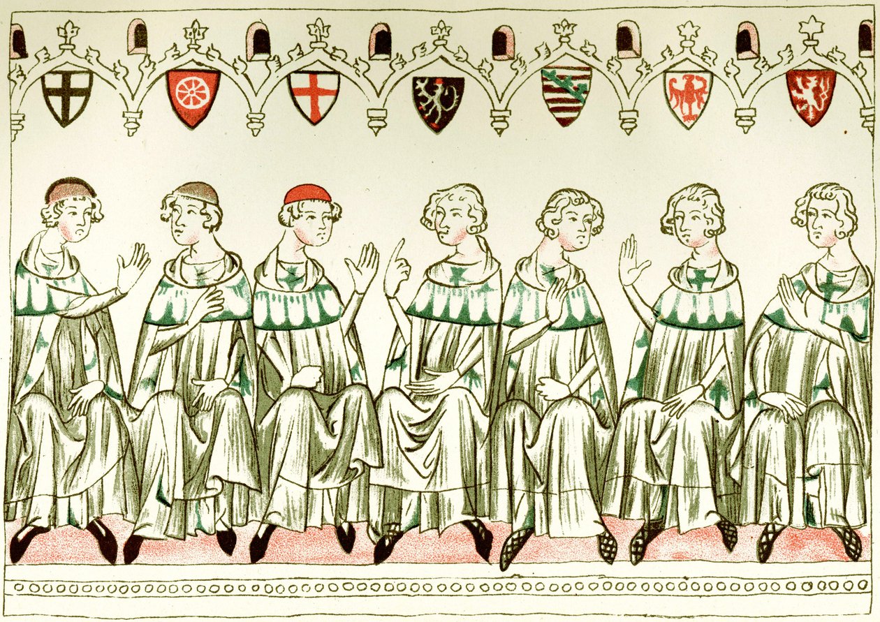 Sieben Kurfürsten stimmen für Heinrich VII., Heiligen Römischen Kaiser, Kopie einer Miniatur aus dem Balduineum von Unbekannt