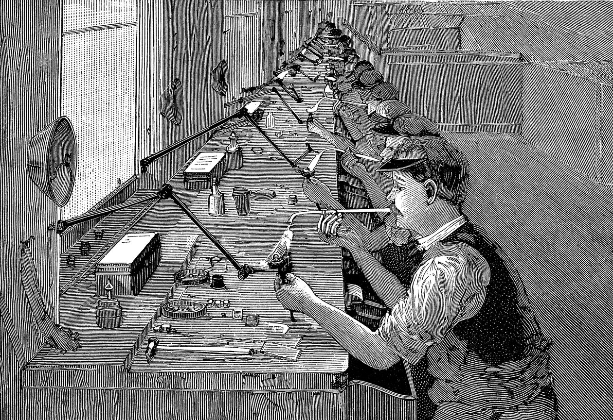 Löten von Fahrradteilen in einer amerikanischen Fabrik, um 1900 von Unbekannt