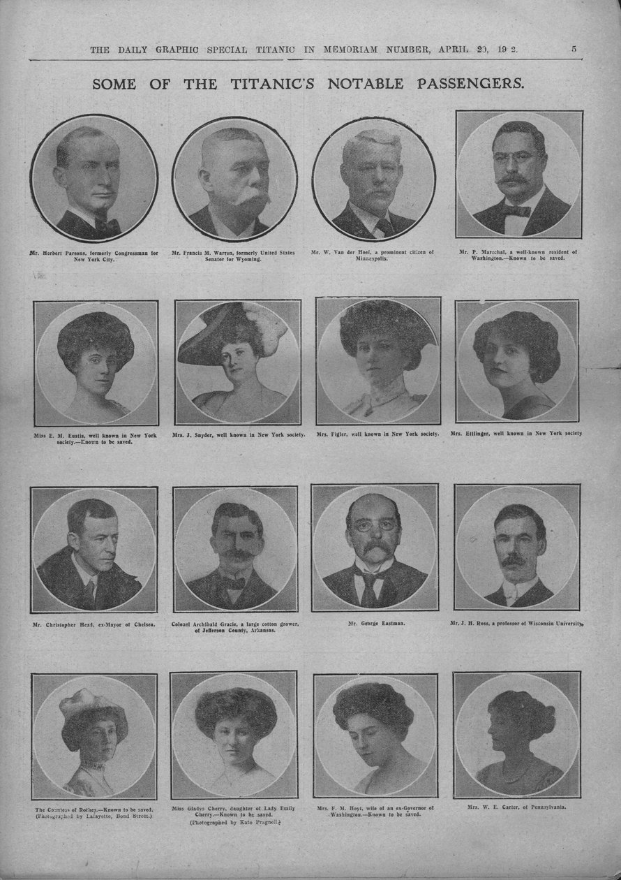 Einige der bemerkenswerten Passagiere der Titanic, 20. April 1912 von Unbekannt