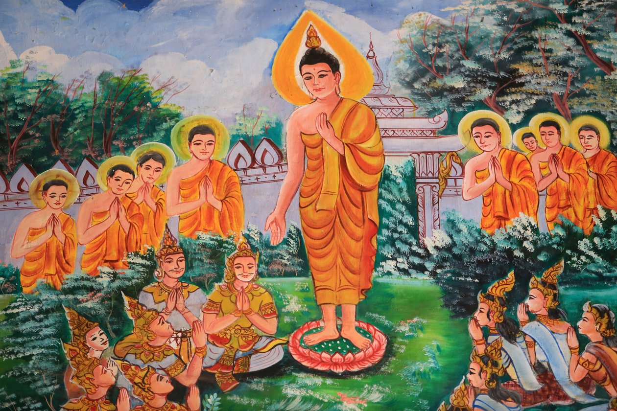 Verbreitung des Dharma. Leben Buddhas. Deckenmalerei, die das Leben Buddhas darstellt. Wat Inpeng. Vientiane. Laos von Unbekannt