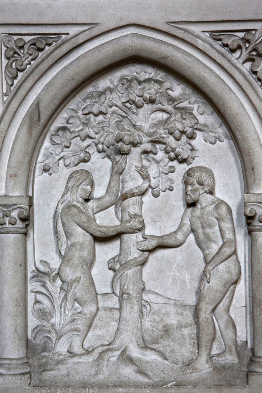 St. Martins katholische Kirche, Villers-sur-Mer, Frankreich. Relief: Adam und Eva von Unbekannt