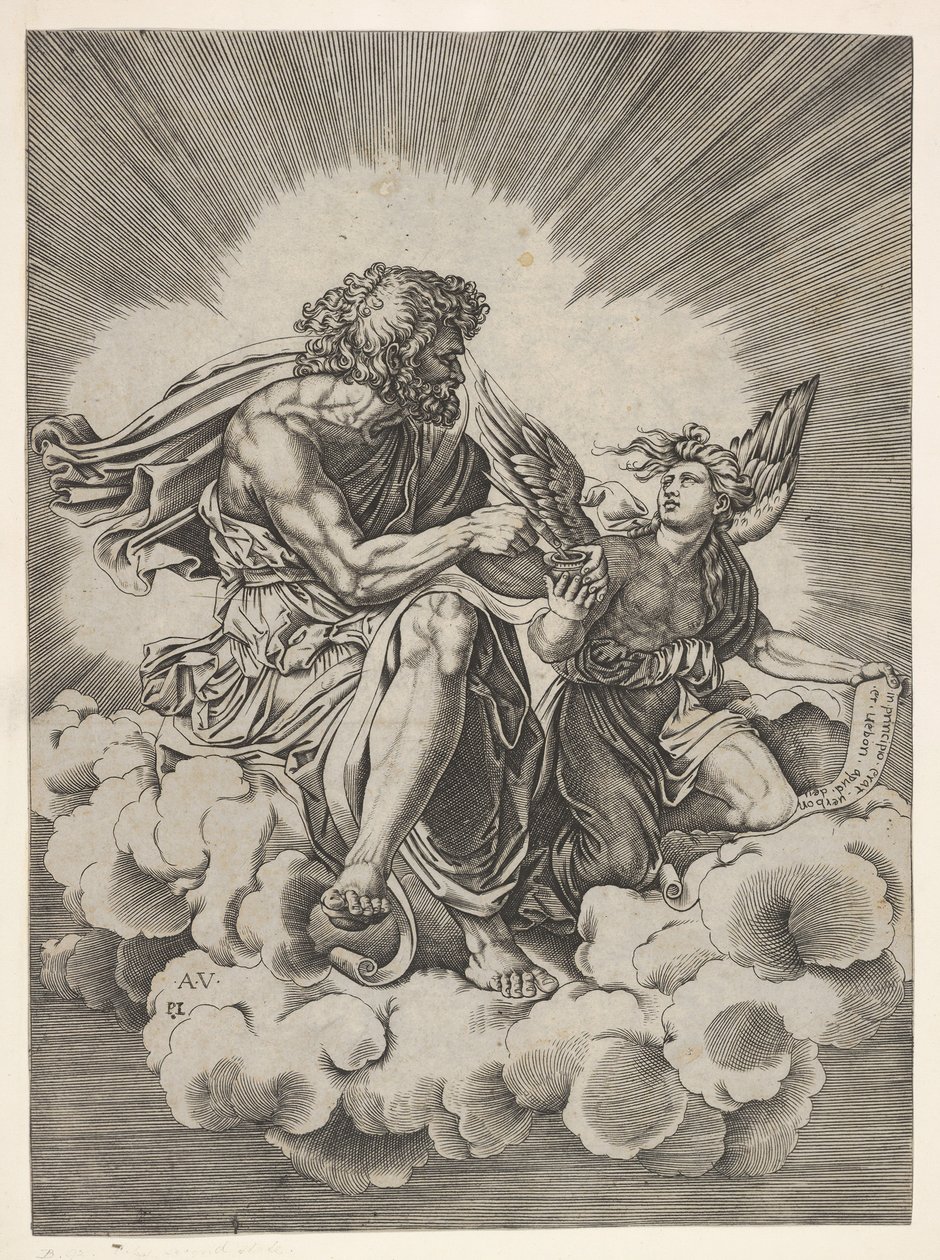 St. Matthäus, auf einer Wolke sitzend, mit gekreuzten Beinen und einem Federkiel in ein Tintenfass tauchend (nach 1518) von Unbekannt