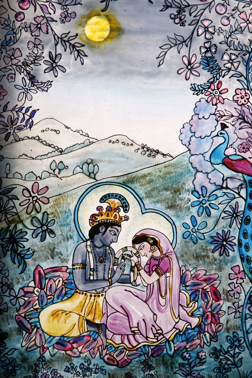 Buntglasfenster im Iskcon-Tempel: Krishna und Rada, London, Großbritannien von Unbekannt