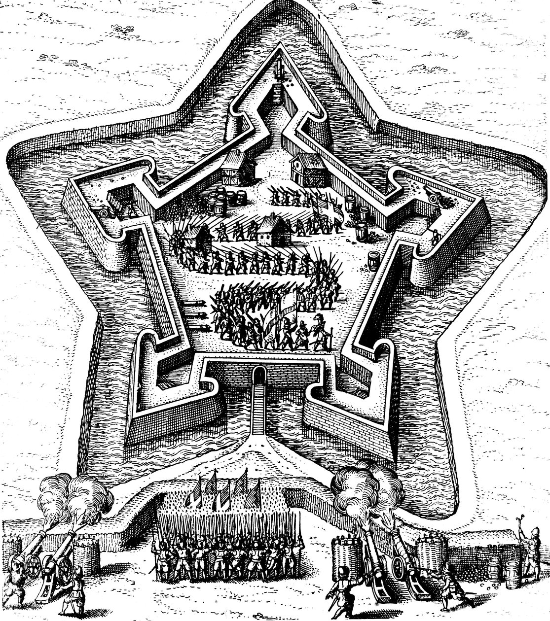 Sternfestung, die von einem Graben verteidigt wird und belagert wird von Unbekannt