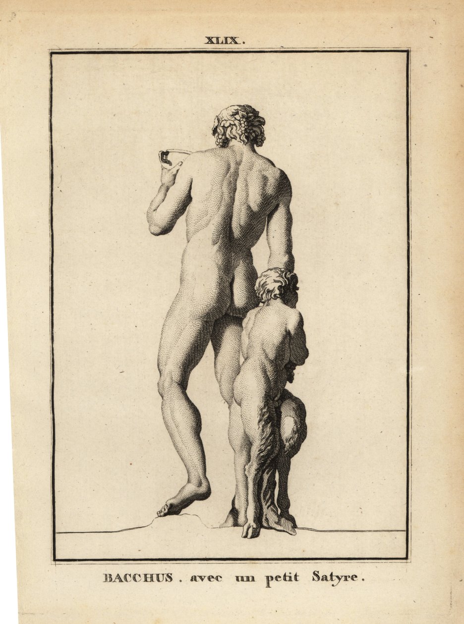 Statue des Bacchus, römischer Weingott, nackt mit einem Satyr von Unbekannt