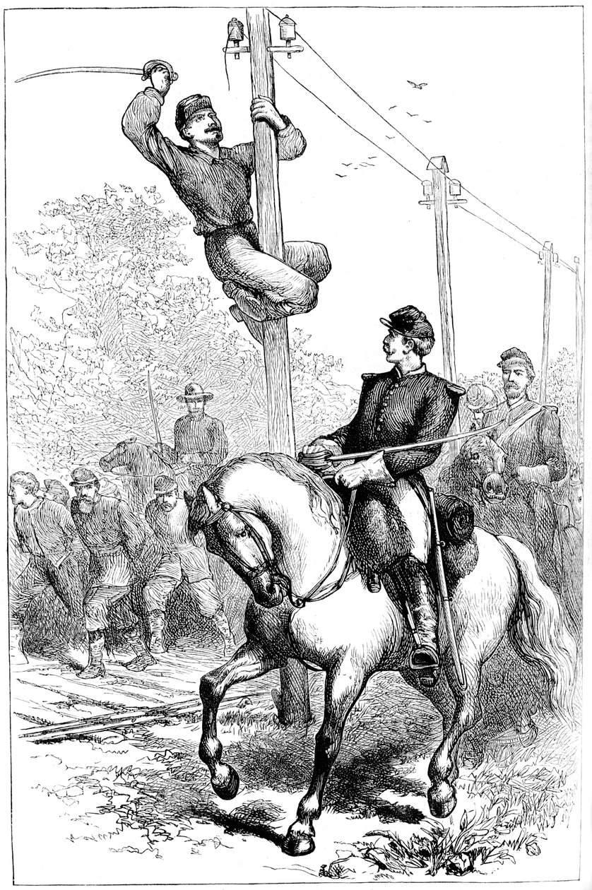 Stuarts Kavallerie schneidet Telegrafendrähte, Amerikanischer Bürgerkrieg, um 1861-1864, um 1880 von Unbekannt