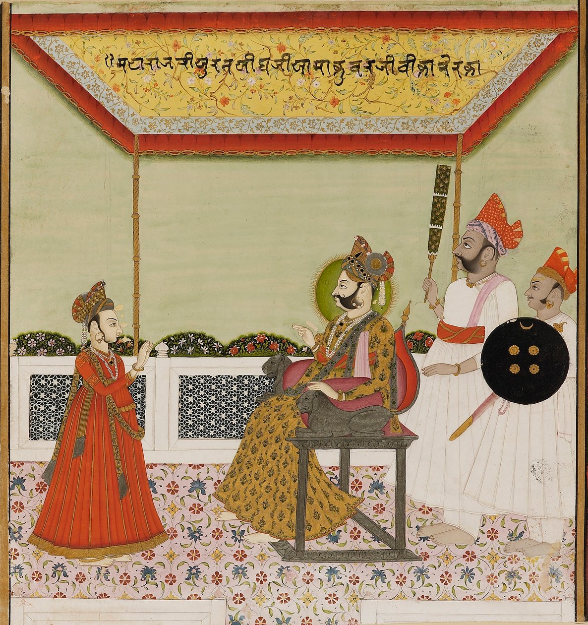 Surat Singh sitzt auf einem löwenarmigen Thron und empfängt seinen jungen Sohn, ca. 1800 von Unbekannt