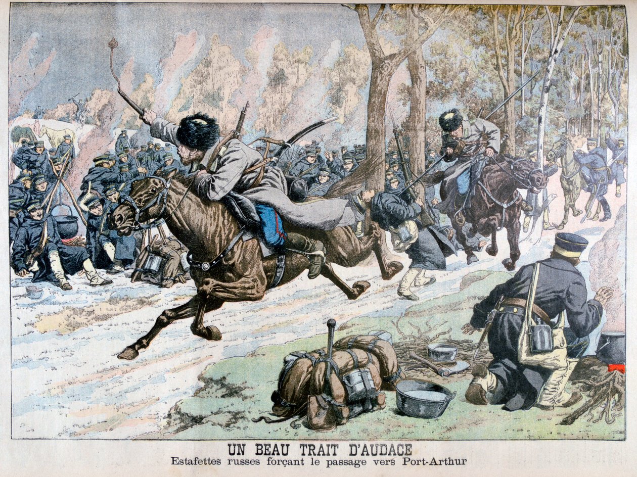 Überraschungsangriff der russischen Kavallerie auf der Straße nach Port Arthur, Russisch-Japanischer Krieg, 1904 von Unbekannt
