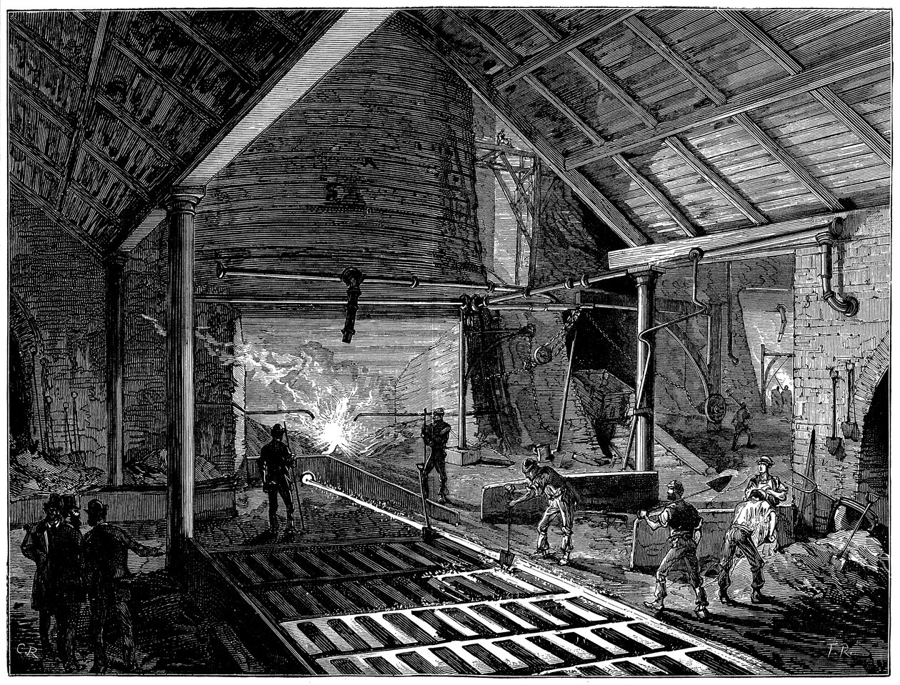 Anzapfen eines Hochofens und Gießen von flüssigem Eisen in die Formen, um 1885 von Unbekannt