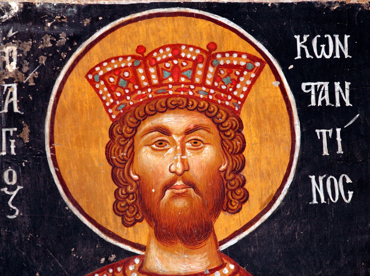 Das byzantinische Fresko aus dem 15. Jahrhundert (Detail): Der Kaiser Konstantin Wandmalerei Michael Erzengel Kirche in Pedoulas Zypern Bemalte Kirchen UNESCO-Stätte Troodos, Zypern von Unbekannt