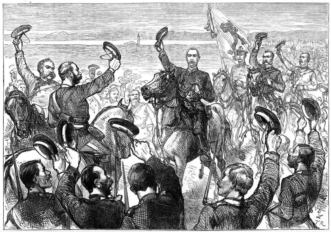 Der Großherzog Nikolaus verkündet den Friedensvertrag, San Stefano, Türkei, 19. Jahrhundert von Unbekannt