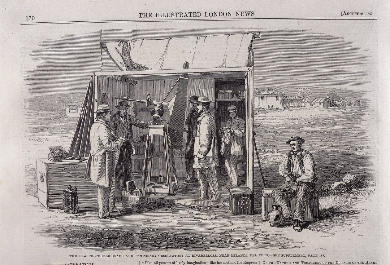 Das Kew-Heliograph wird bei einer Sonnenfinsternis-Expedition nach Spanien verwendet, 1860 von Unbekannt