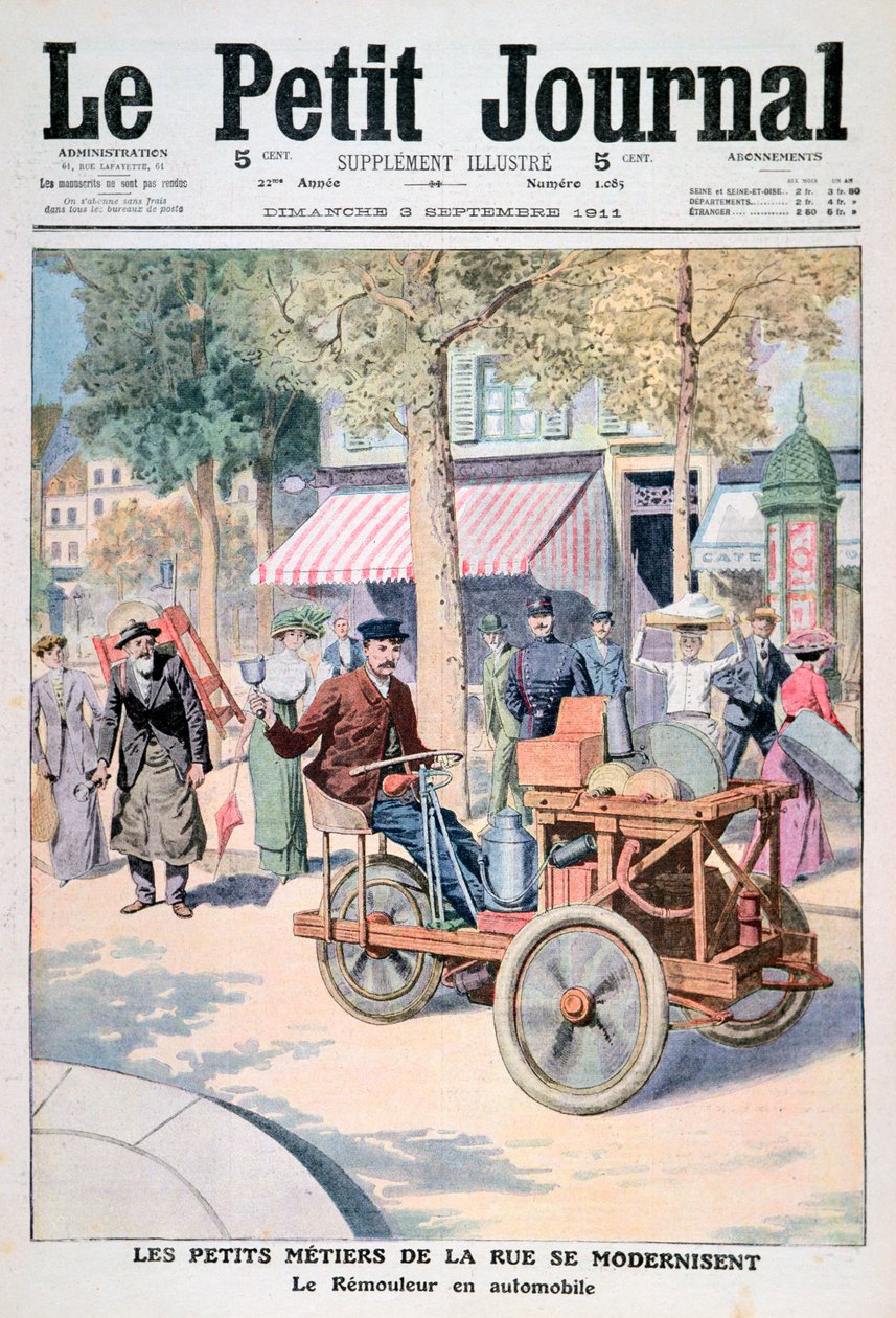 Die Modernisierung der Straßenhändler: das Messerschleiferauto, 1911 von Unbekannt