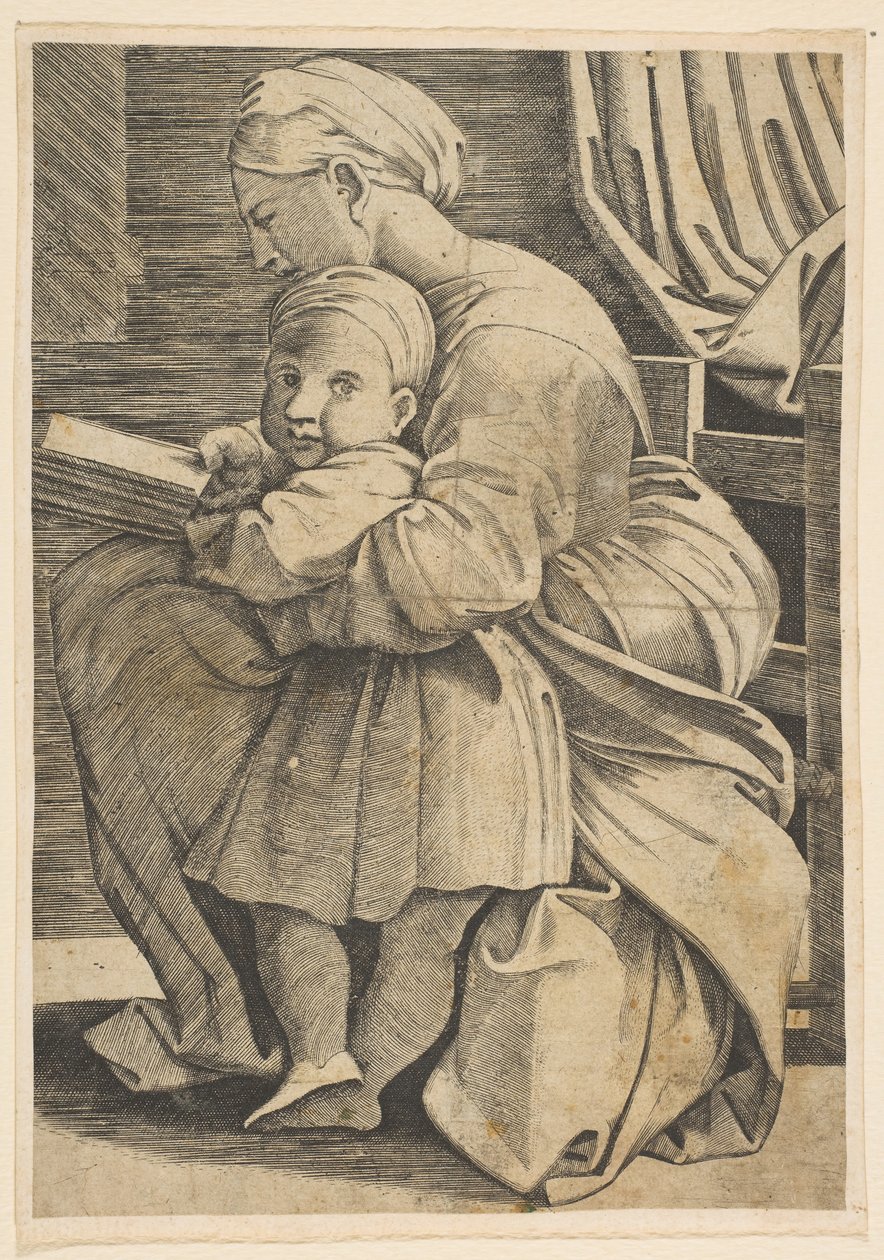 Die Jungfrau liest mit dem Christuskind, Frau im Profil nach links sitzend, ca. 1515-1600 von Unbekannt