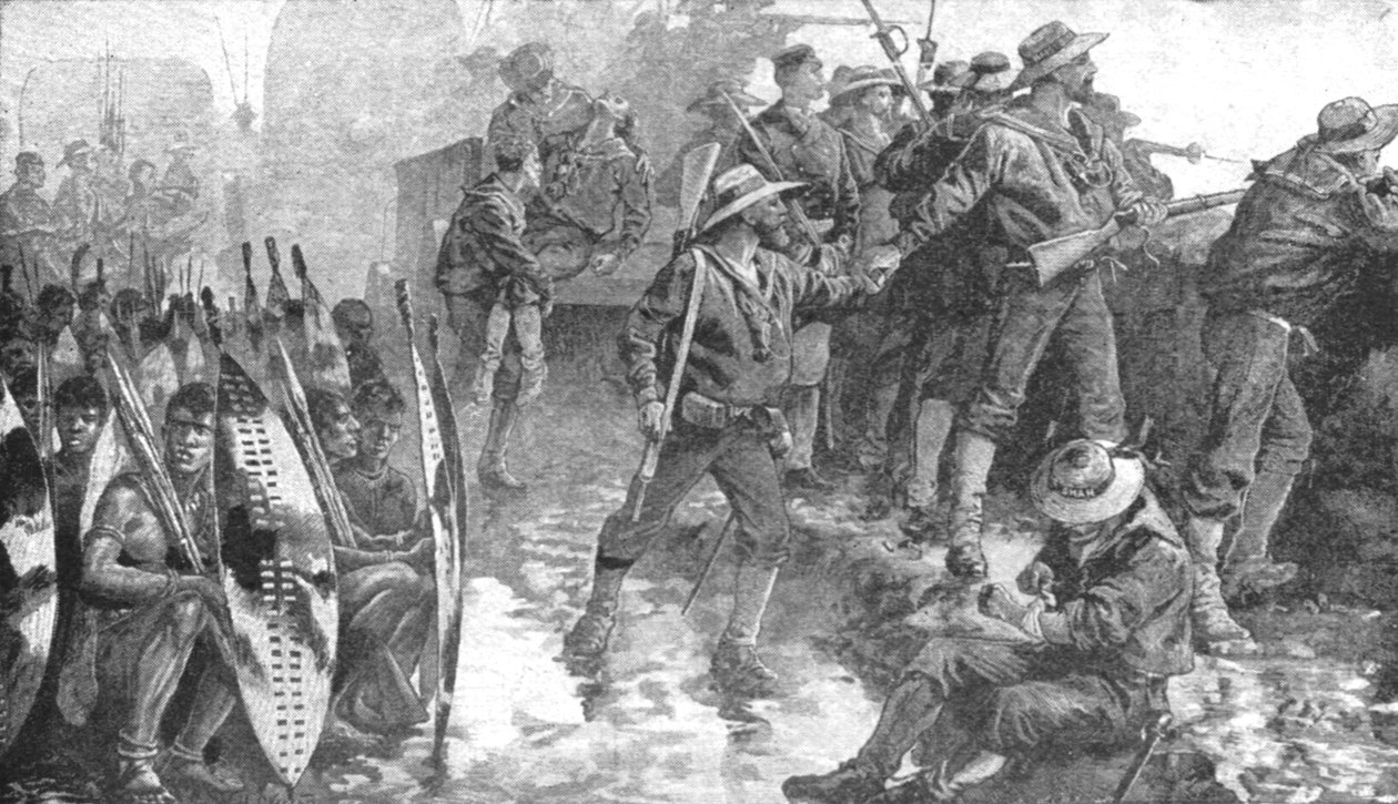 Der Zulukrieg, 1879: Männer der H.M.S. Shah im Laager bei Ginghilovo, 1901 von Unbekannt