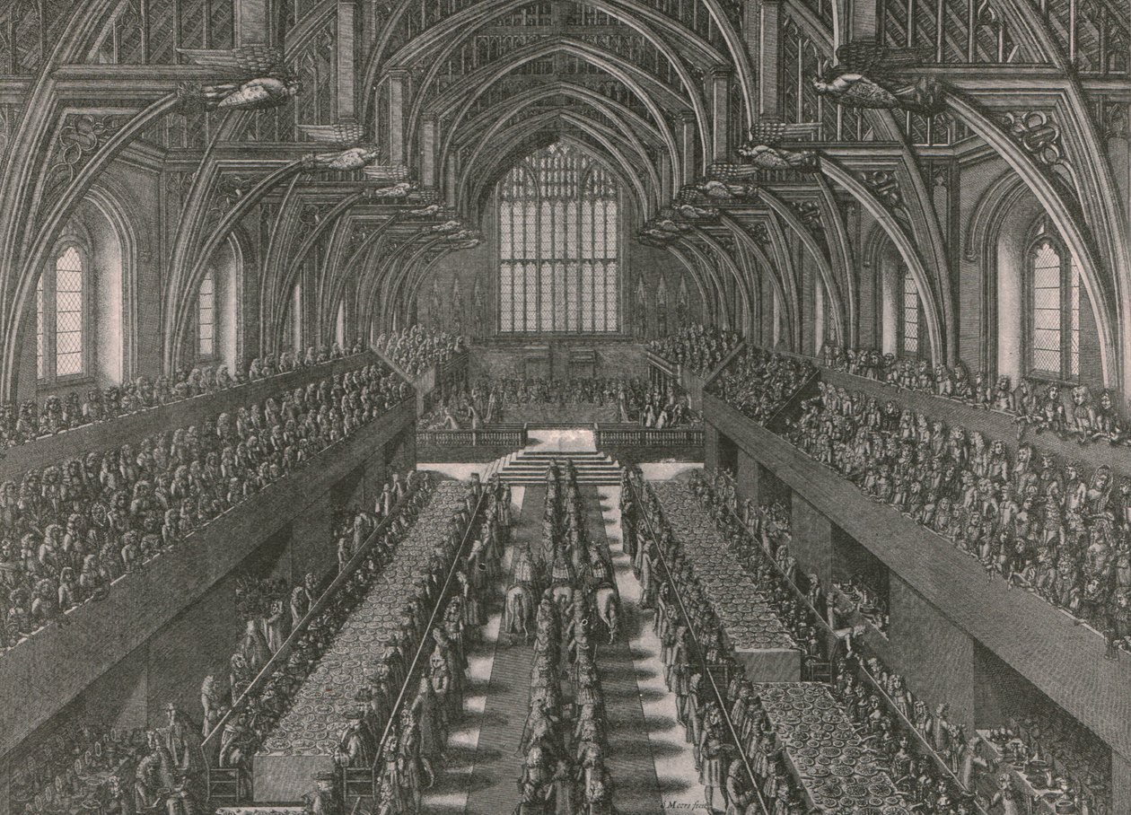 Das Bankett im Großen Saal des Palastes von Westminster...Krönung von James II. im Jahr 1685, 1902 von Unbekannt