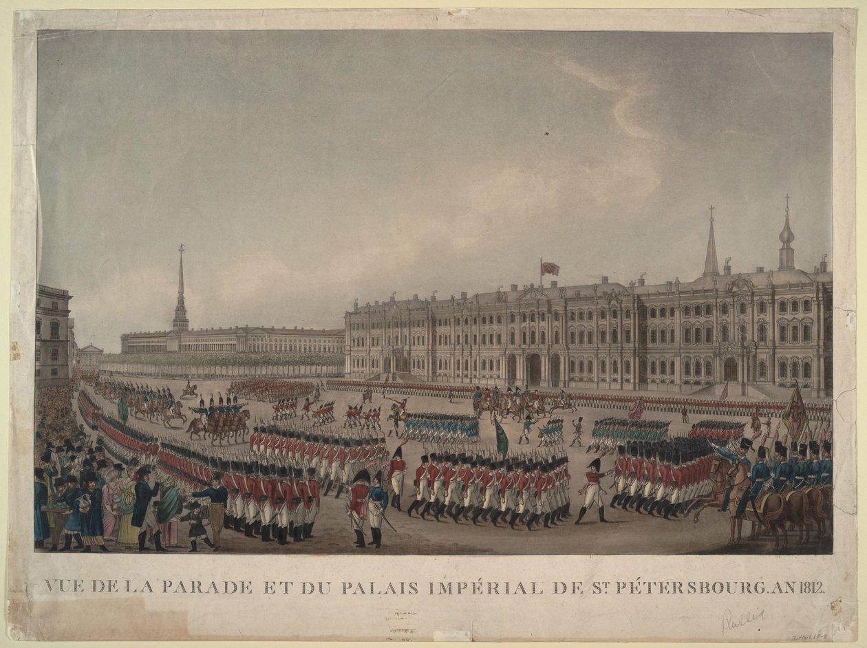 Die Parade vor dem Winterpalast in St. Petersburg im Jahr 1812, 1812 von Unbekannt