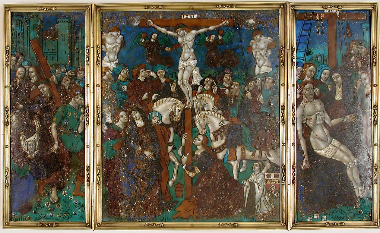 Triptychon mit dem Weg nach Golgatha, Kreuzigung und Abnahme vom Kreuz, Französisch, 16. Jahrhundert von Unbekannt