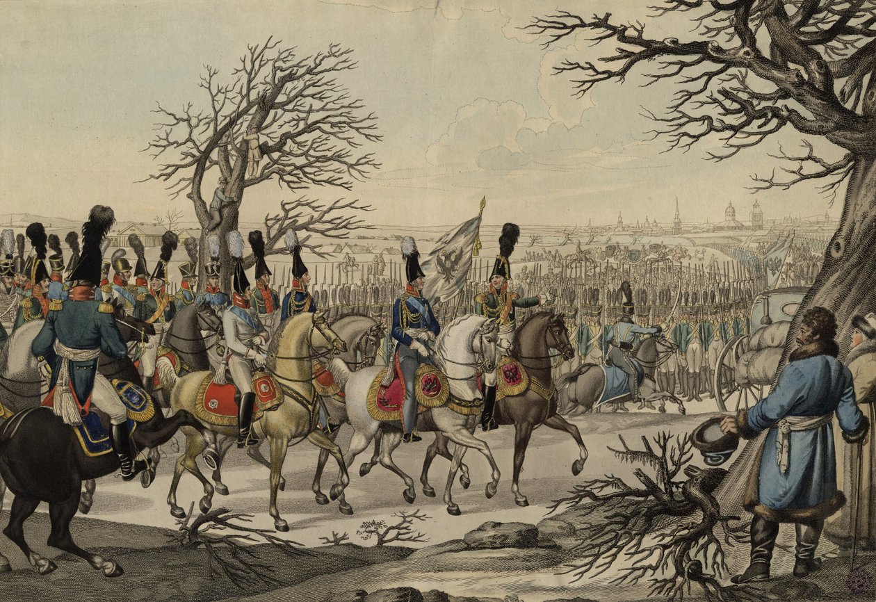 Zar Alexander I. und König Friedrich Wilhelm III. vor den Truppen, ca. 1813 von Unbekannt