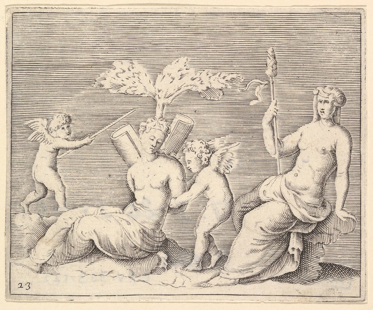 Zwei Frauen und zwei Cupidos, veröffentlicht ca. 1599-1622 von Unbekannt