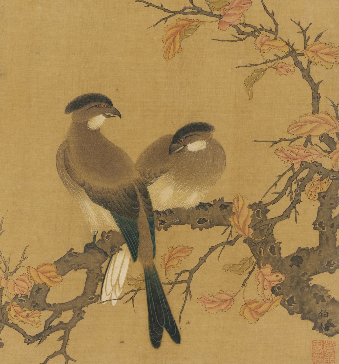 Zwei Haubenvögel auf einem Ast, Herbstblätter, Qing-Dynastie, 18. Jahrhundert von Unbekannt