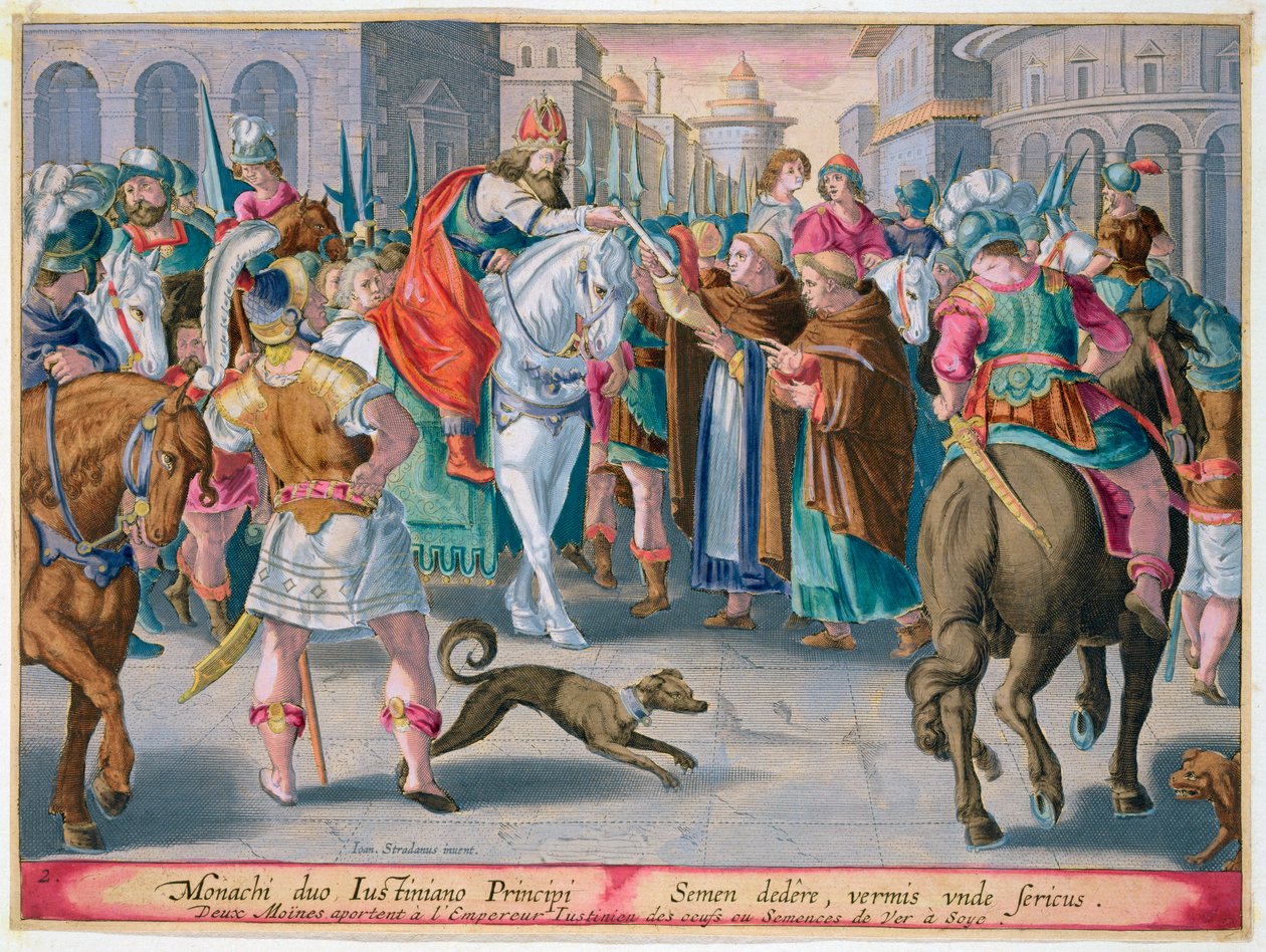 Zwei Mönche präsentieren dem byzantinischen Kaiser Justinian aus China geschmuggelte Seidenraupen, 6. Jahrhundert von Unbekannt