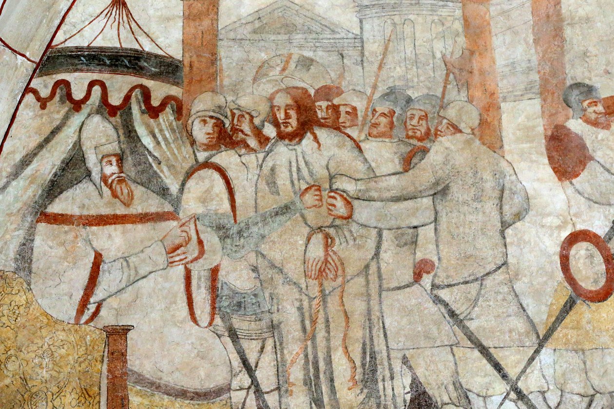 Vault de Lugny Kirche. Wandgemälde aus dem 16. Jahrhundert: Christus in seiner Passion. Christus vor Pilatus, Frankreich von Unbekannt