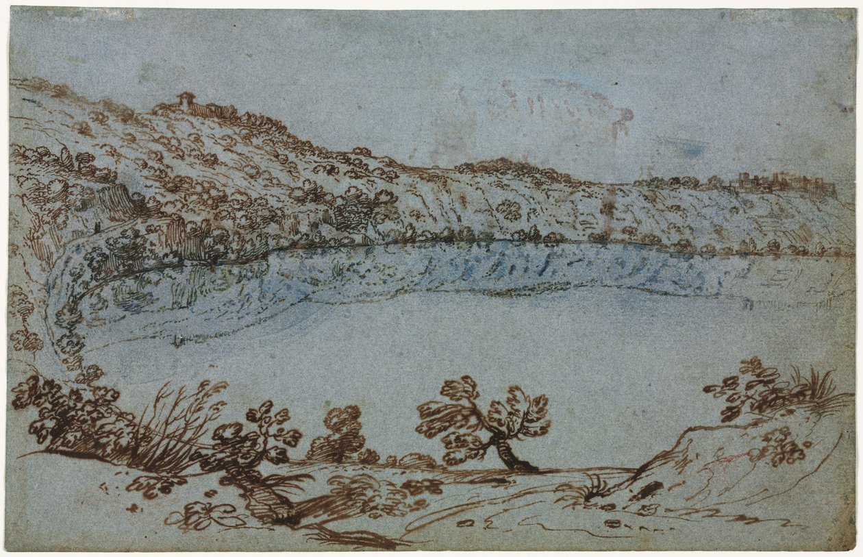 Blick auf den Nemisee (recto) Kleine Gruppe römischer Ruinen (verso) von Unbekannt