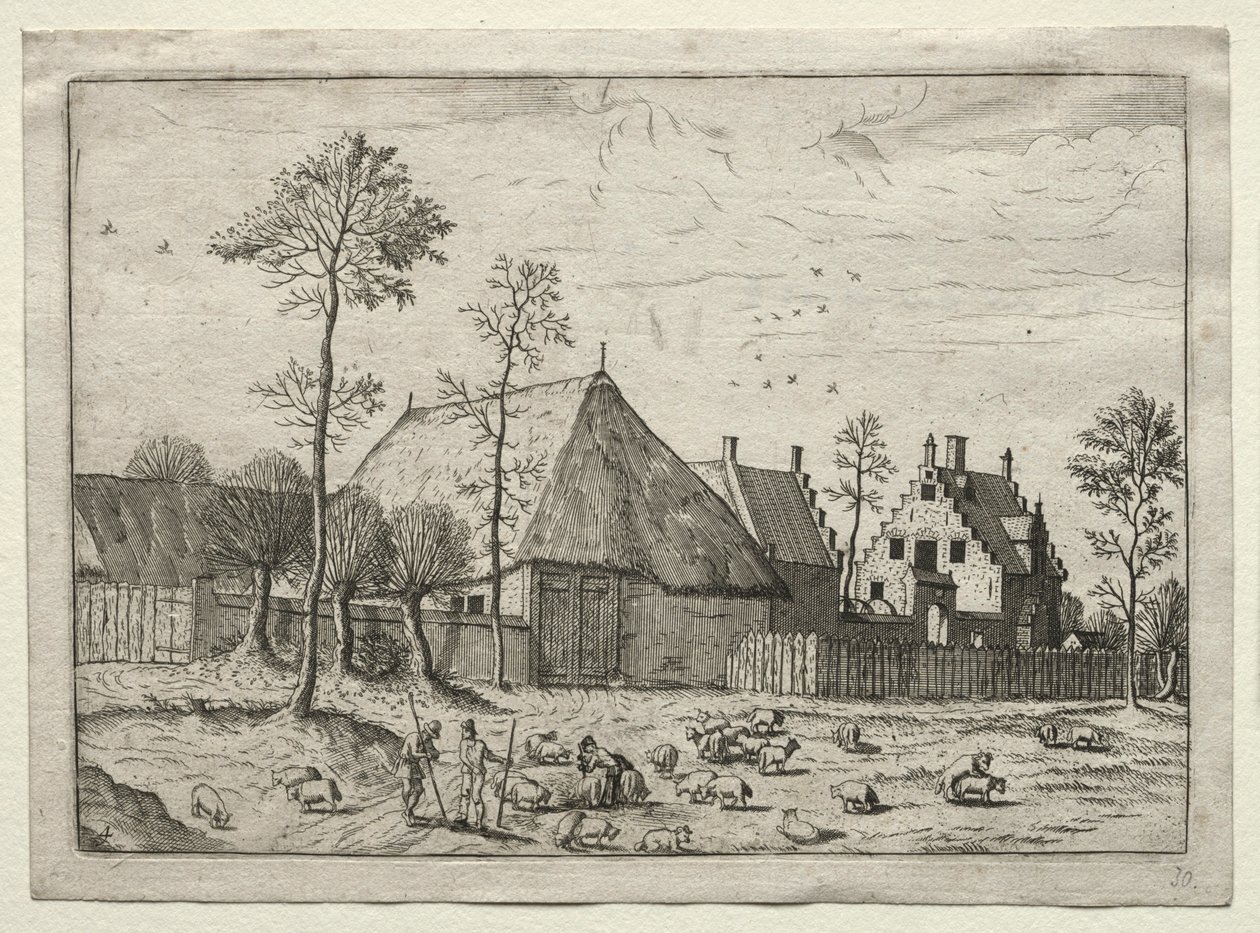 Ansicht von Dörfern in Brabant und Campine: Hirten mit Herde, um 1559 von Unbekannt