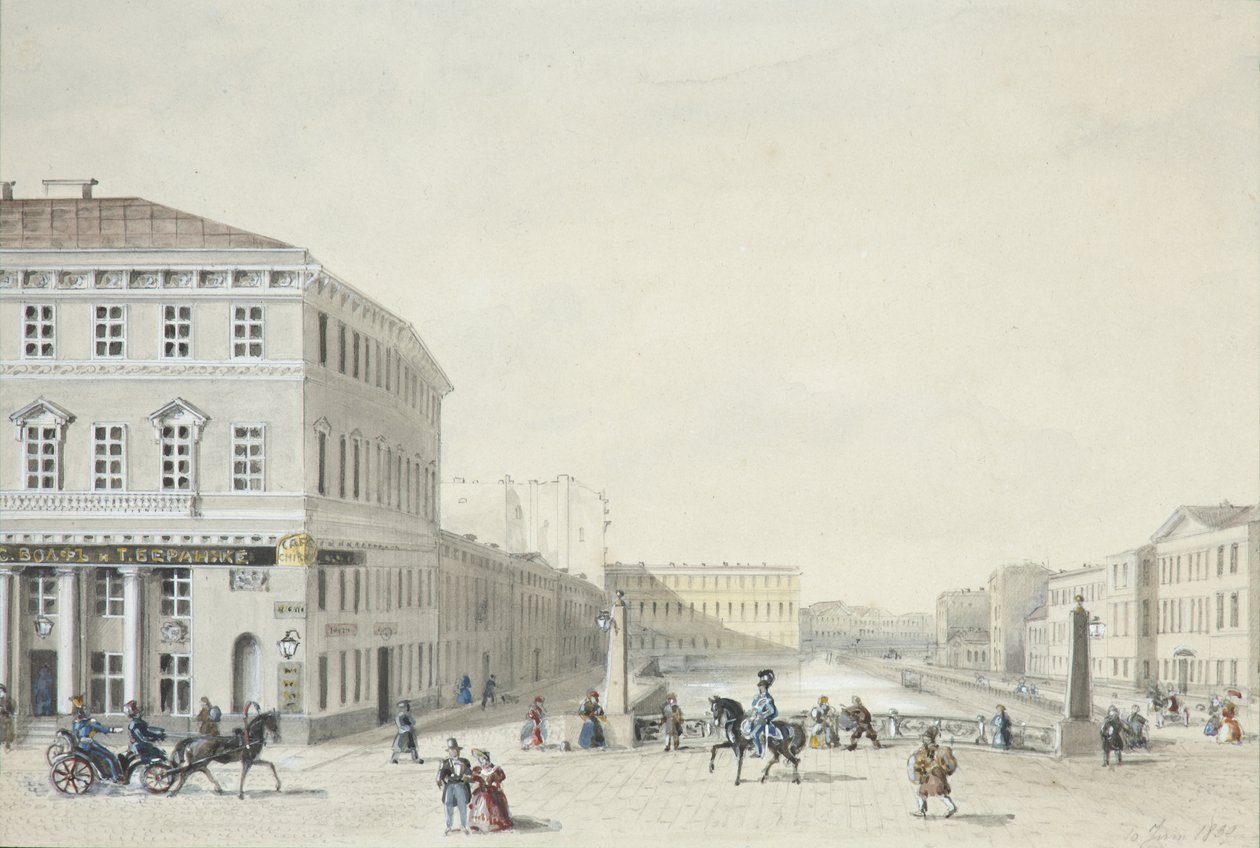 Ansicht der Moika-Uferstraße von der Polizeibrücke, 1839 von Unbekannt