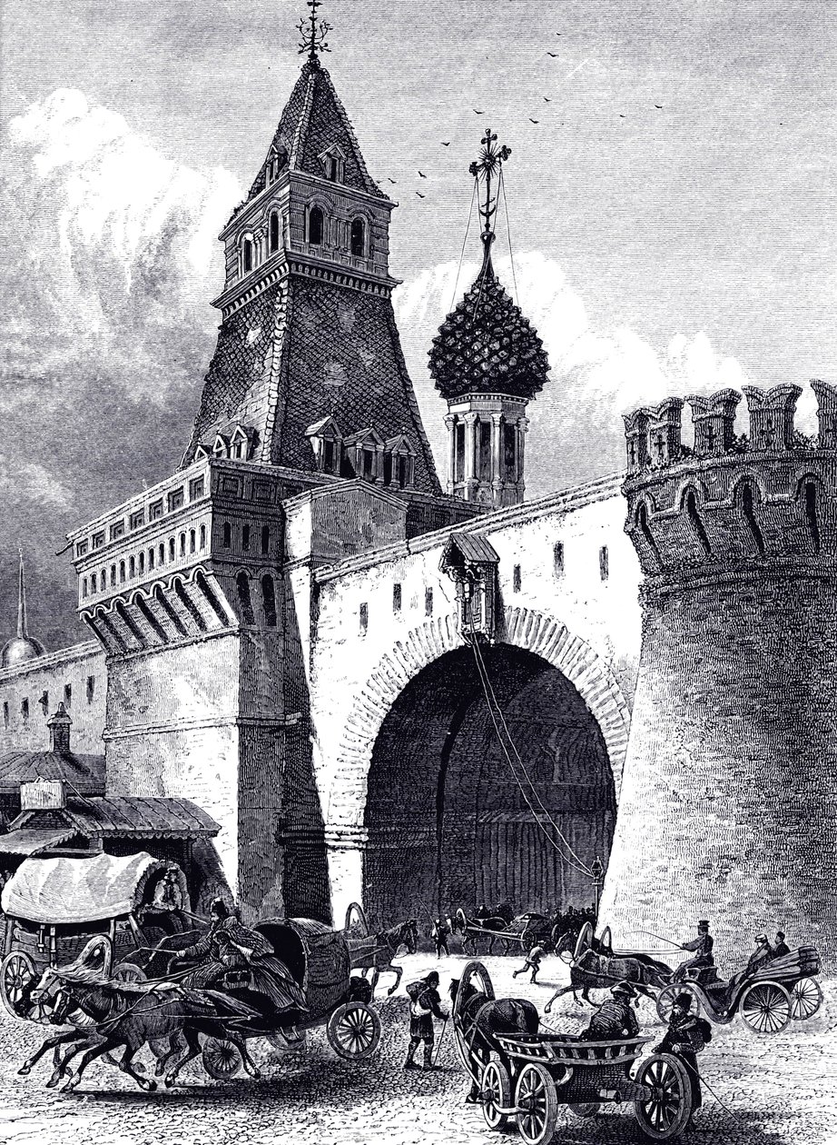 Ansicht des Nikolskaja-Turms und der Waffenkammer in Moskau, ca. 1860 von Unbekannt