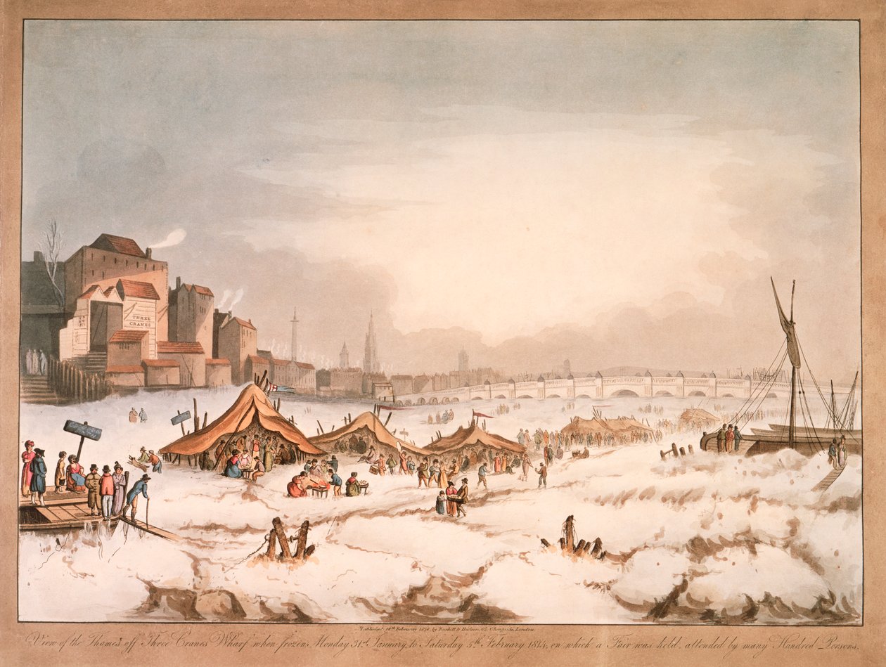 Ansicht des zugefrorenen Flusses Thames bei Three Cranes Wharf, London, 1814 von Unbekannt