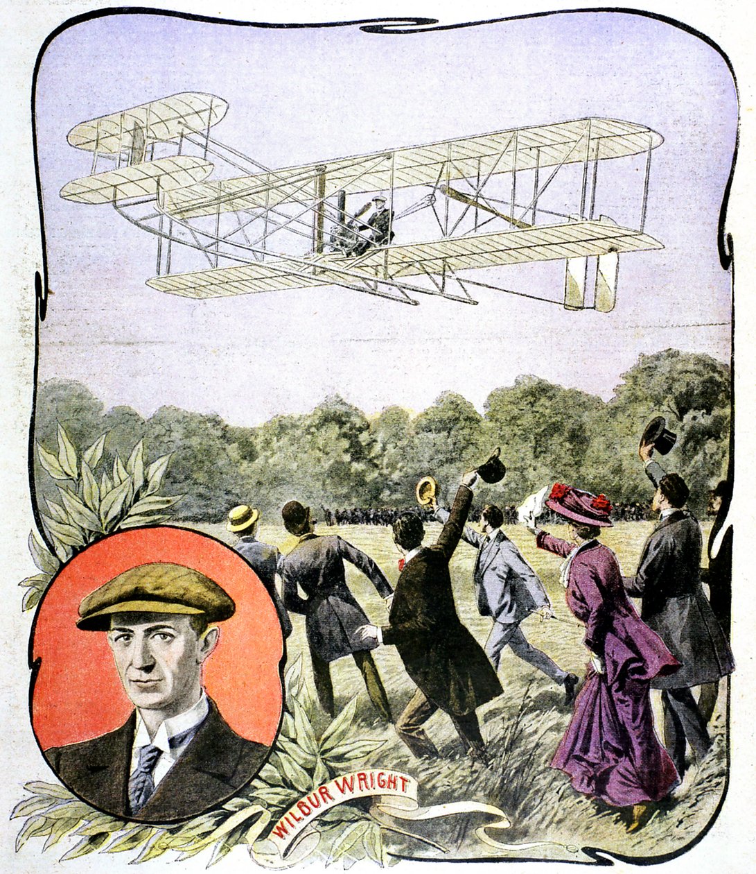 Wilbur Wrights erster Flug in Europa auf der Rennbahn Hanaudieres bei Le Mans, Frankreich, 1908 von Unbekannt