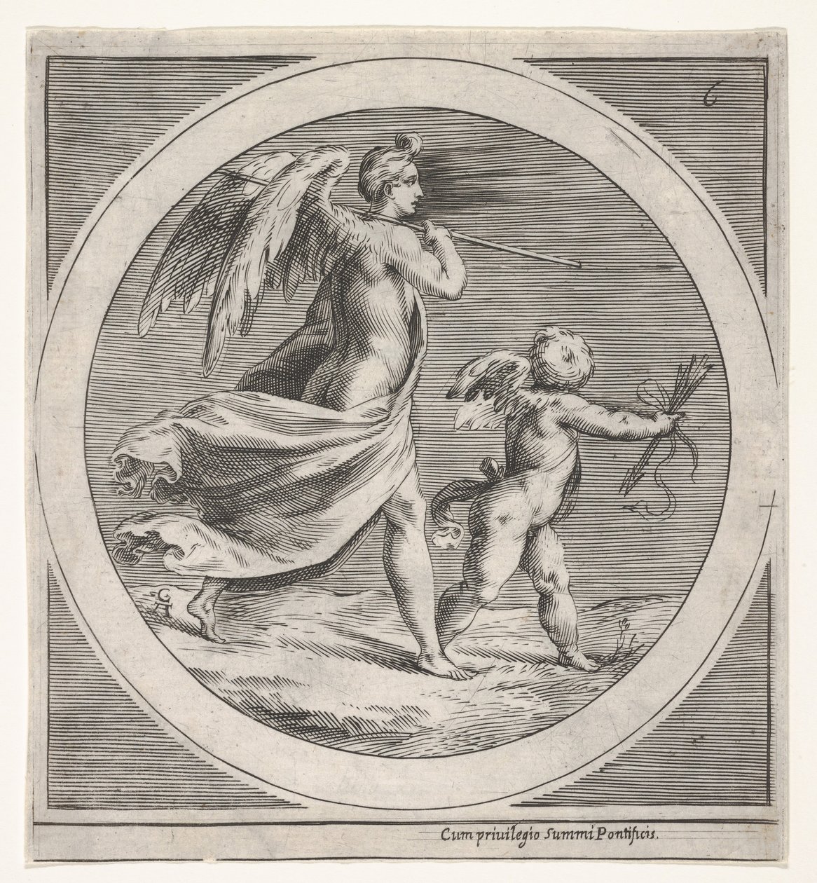 Geflügelte weibliche Figur, drapiert und einen Stab tragend, schreitend hinter einem geflügelten Putto..., ca. 1550-1600 von Unbekannt