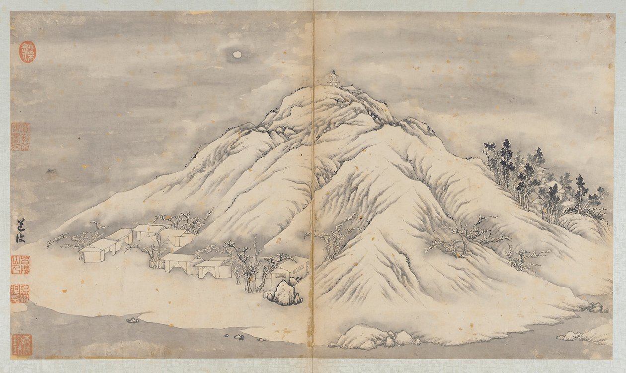 Winterlandschaft: ein mondbeschienener Hügel und Gebäude, Qing-Dynastie von Unbekannt