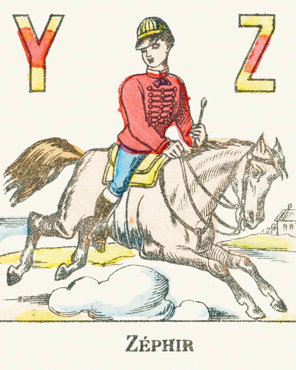 Z : Zephir, ein Reiter galoppiert auf seinem Pferd namens Zephyr - Spiele-Alphabet, ca. 1890 (Gravur) von Unbekannt