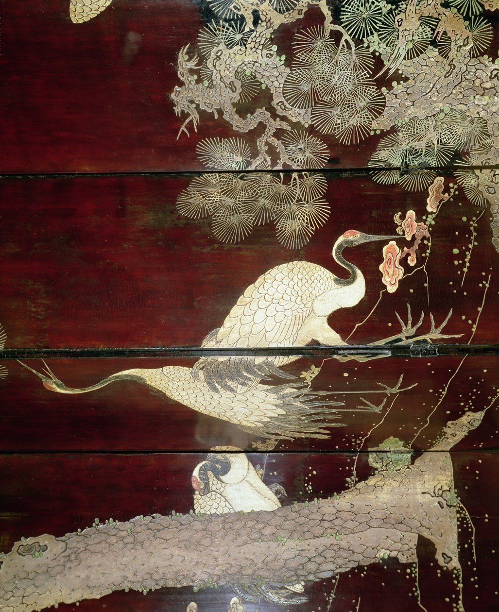 Detail eines Coromandel-Bildschirms mit Reihern, 1619 (Lack) von Unbekannt Unbekannt