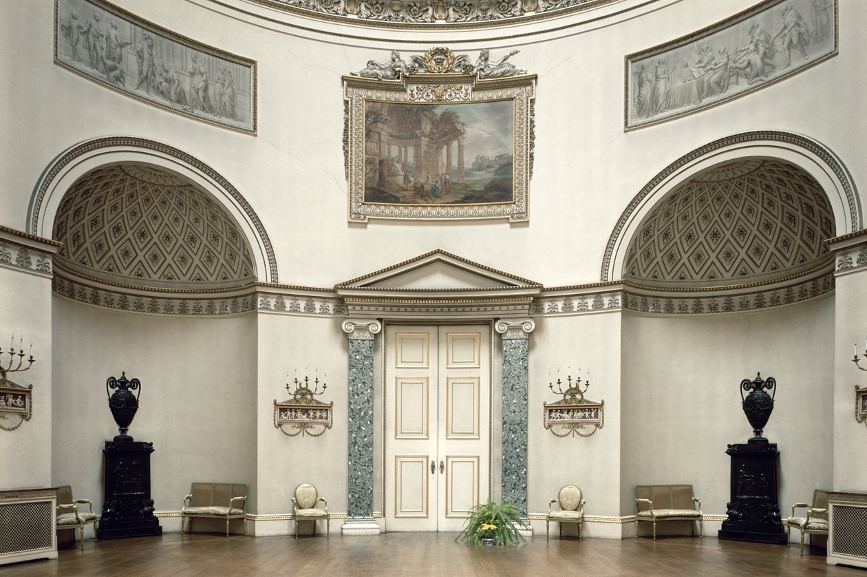 Kedleston Hall, Der Salon, Derbyshire, UK, entworfen von Robert Adam, fertiggestellt 1763 von Unbekannt Unbekannt