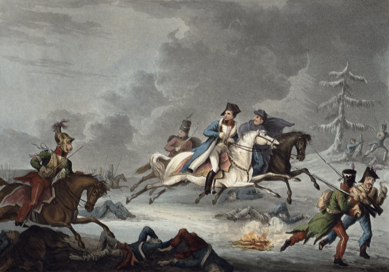 Die Flucht von Bonaparte aus der Schlacht von Krasnoi von William Heath, veröffentlicht am 1. April 1815 (kolorierte Aquatinta) von Unbekannt Unbekannt