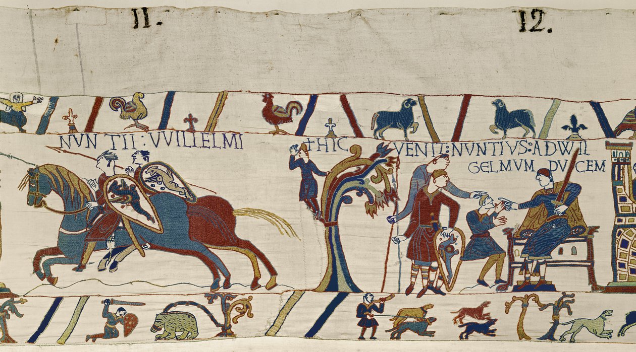 Bewaffnete Reiter von Herzog Wilhelm kommen, um Harold zu ihm zu eskortieren, Teppich von Bayeux von Unbekannt Unbekannt