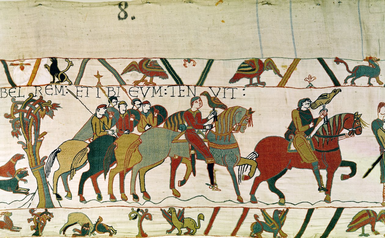 Graf Guy führt Harold nach Beaurain, wo er ihn festhält, Teppich von Bayeux von Unbekannt Unbekannt