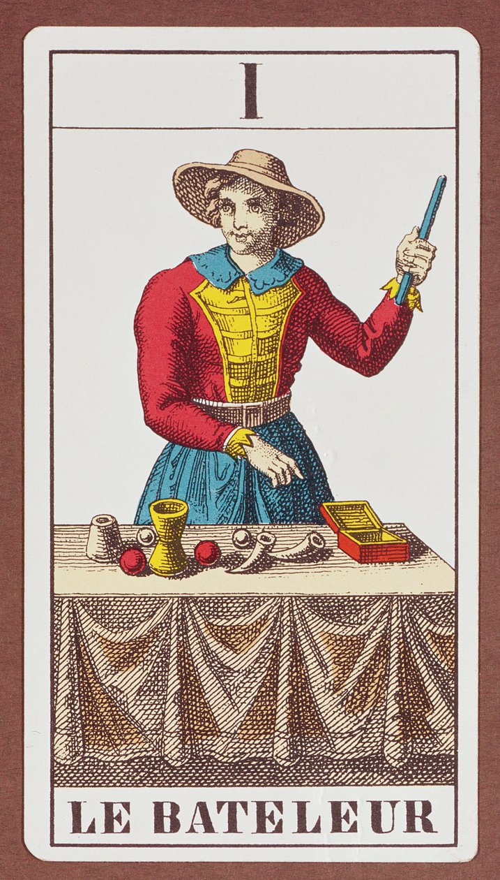 I Der Magier, sieben Tarotkarten aus verschiedenen Decks von Unbekannt Unbekannt
