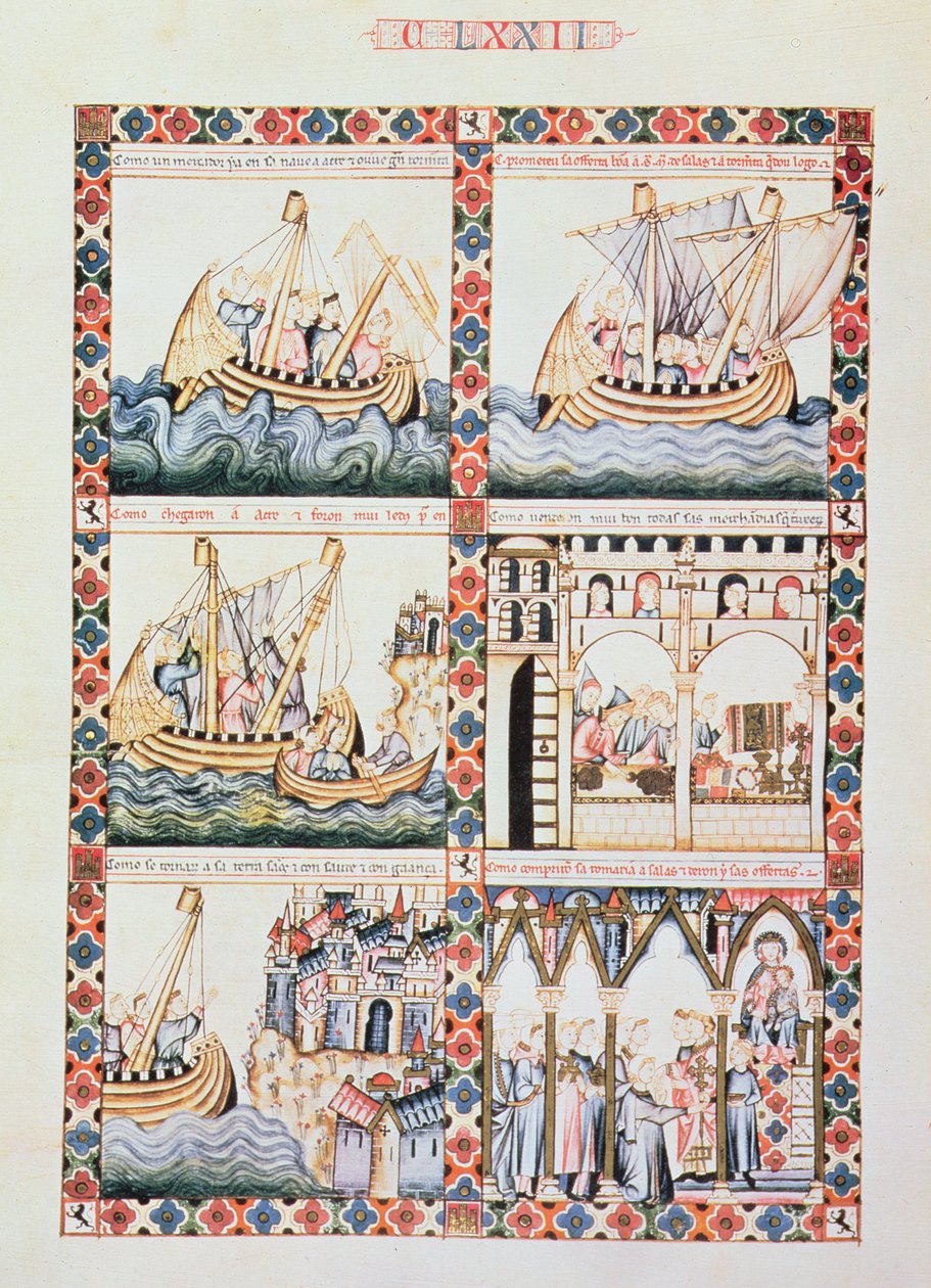Eine Reise nach Akkon, Illustrationen zu Cantiga 172, eine von 420 musikalischen Kompositionen, die die Wunder der Jungfrau erzählen, geschrieben in Galicisch für Alfons X. 